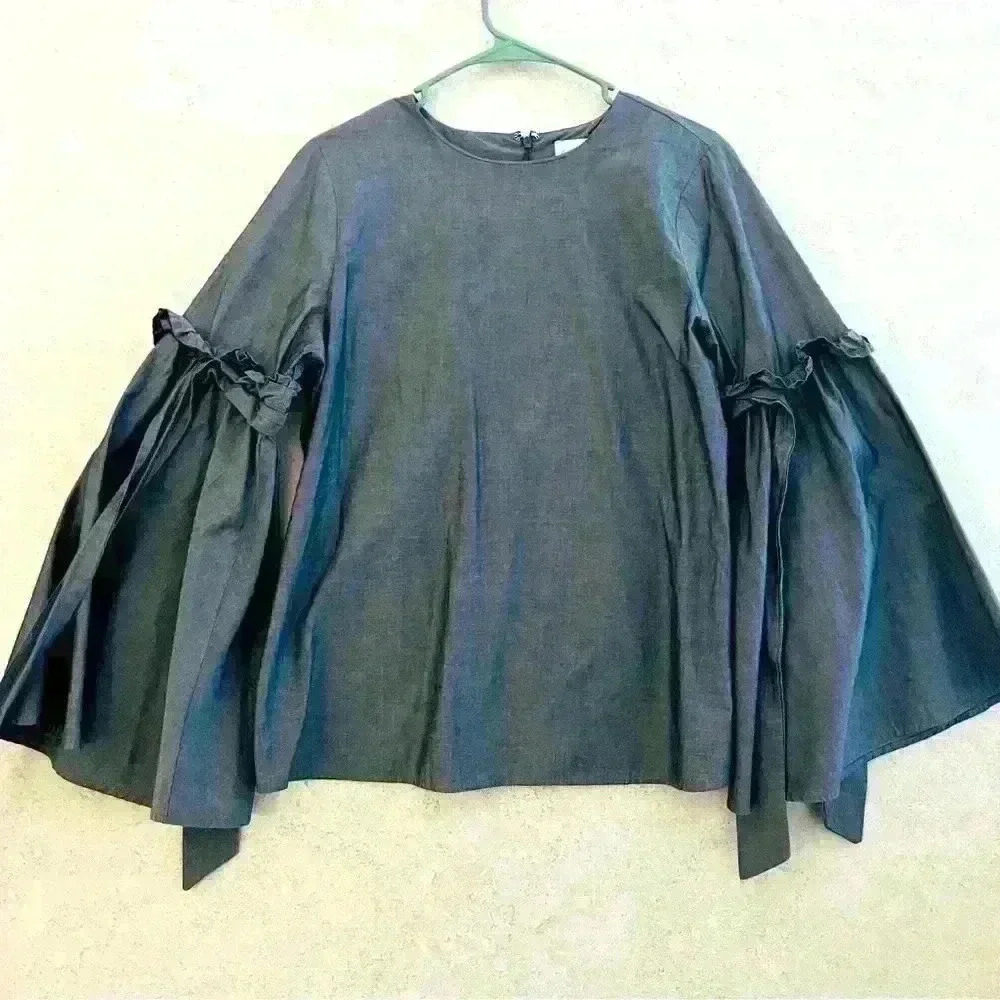 CUPIO MEDIUM HEATHER GREY BAT WING RUFFLED LONG SLEEVE‎ PEASANT RETRO BLOUSE